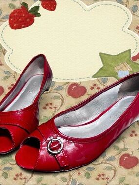 Red peep toe kitten heels with silver buckle detail
